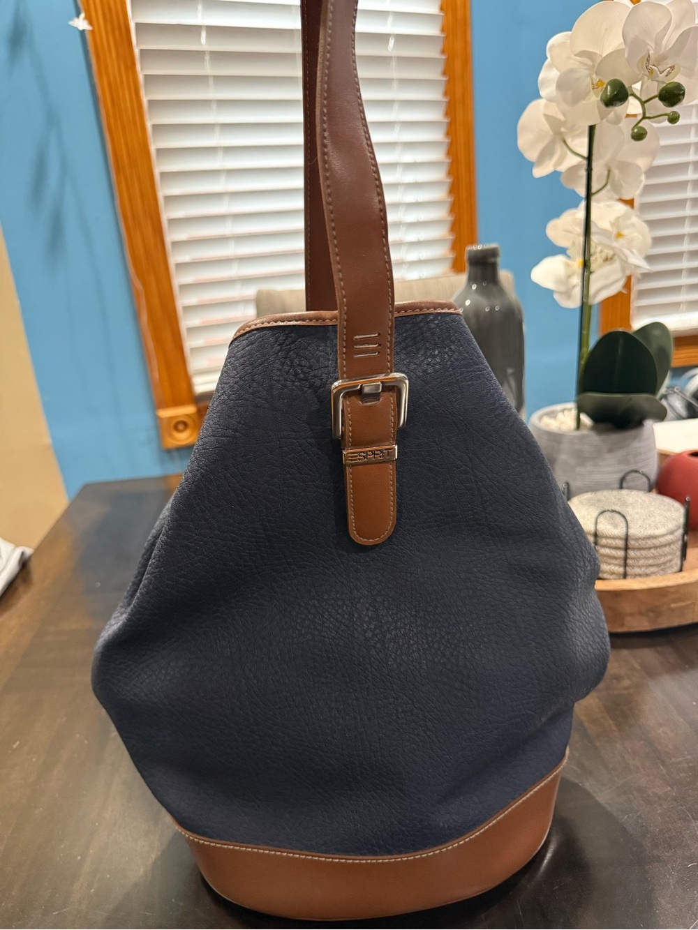 Esprit Navy Pebbled Leather Bucket Bag with Brown Trim